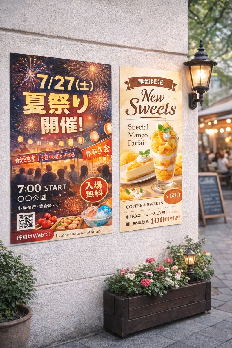 大阪 店頭・屋外・イベント向けポスター印刷の掲示イメージ（遠目で読める設計）