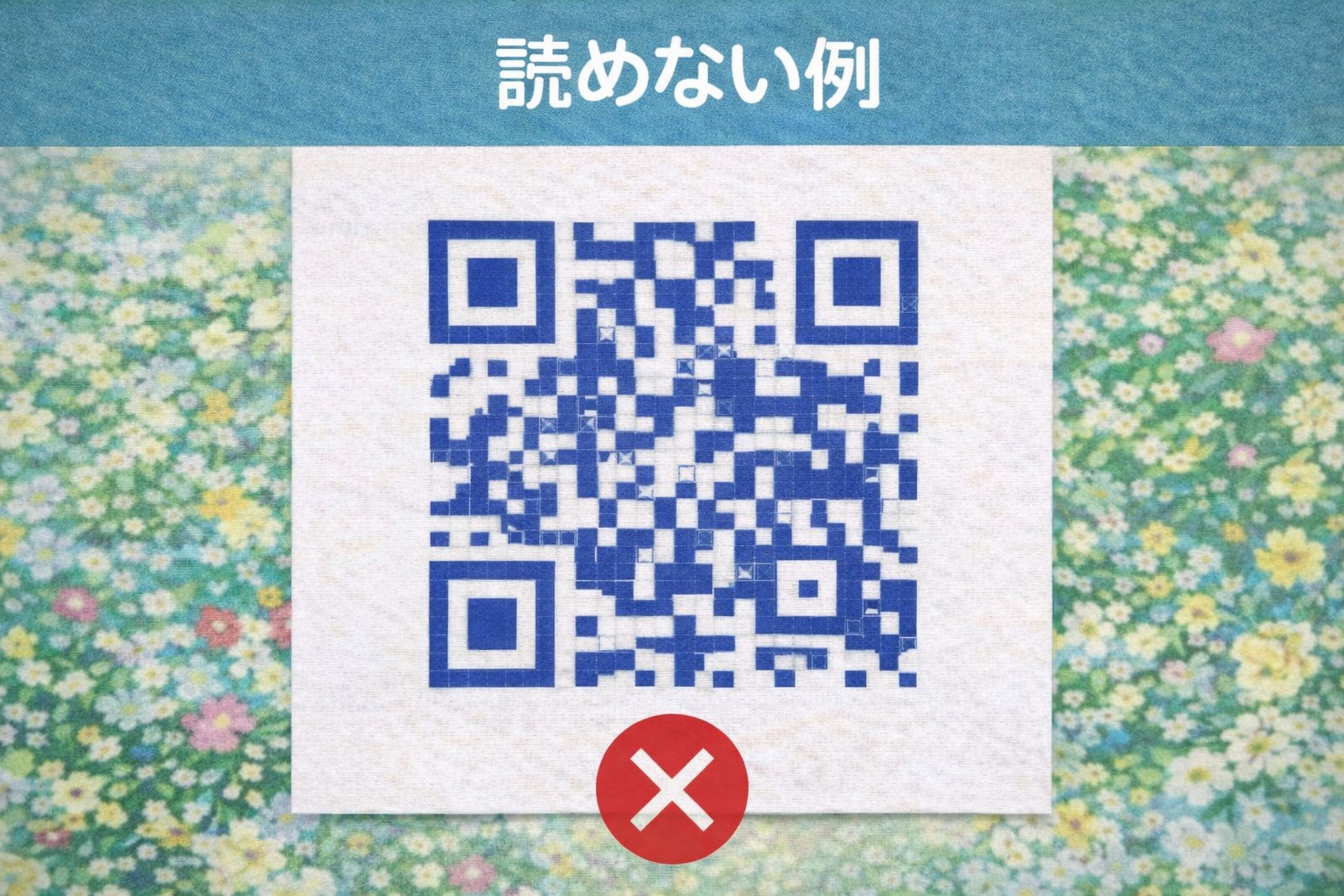 読めないQRコードの例（余白不足・低コントラスト・写真背景）